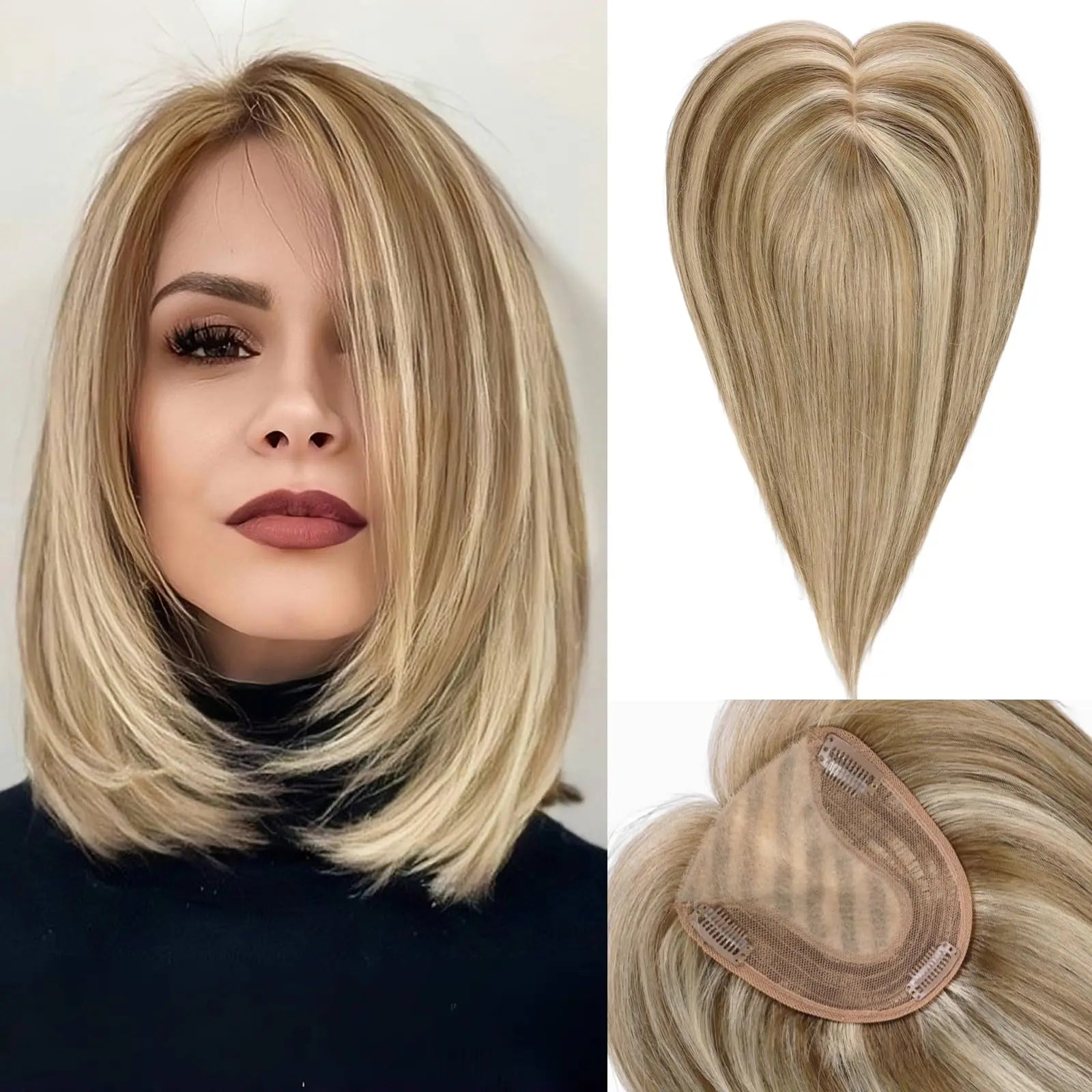 Topper de cabello natural de 35,5 cm con base de seda – Rubio oscuro de raíz