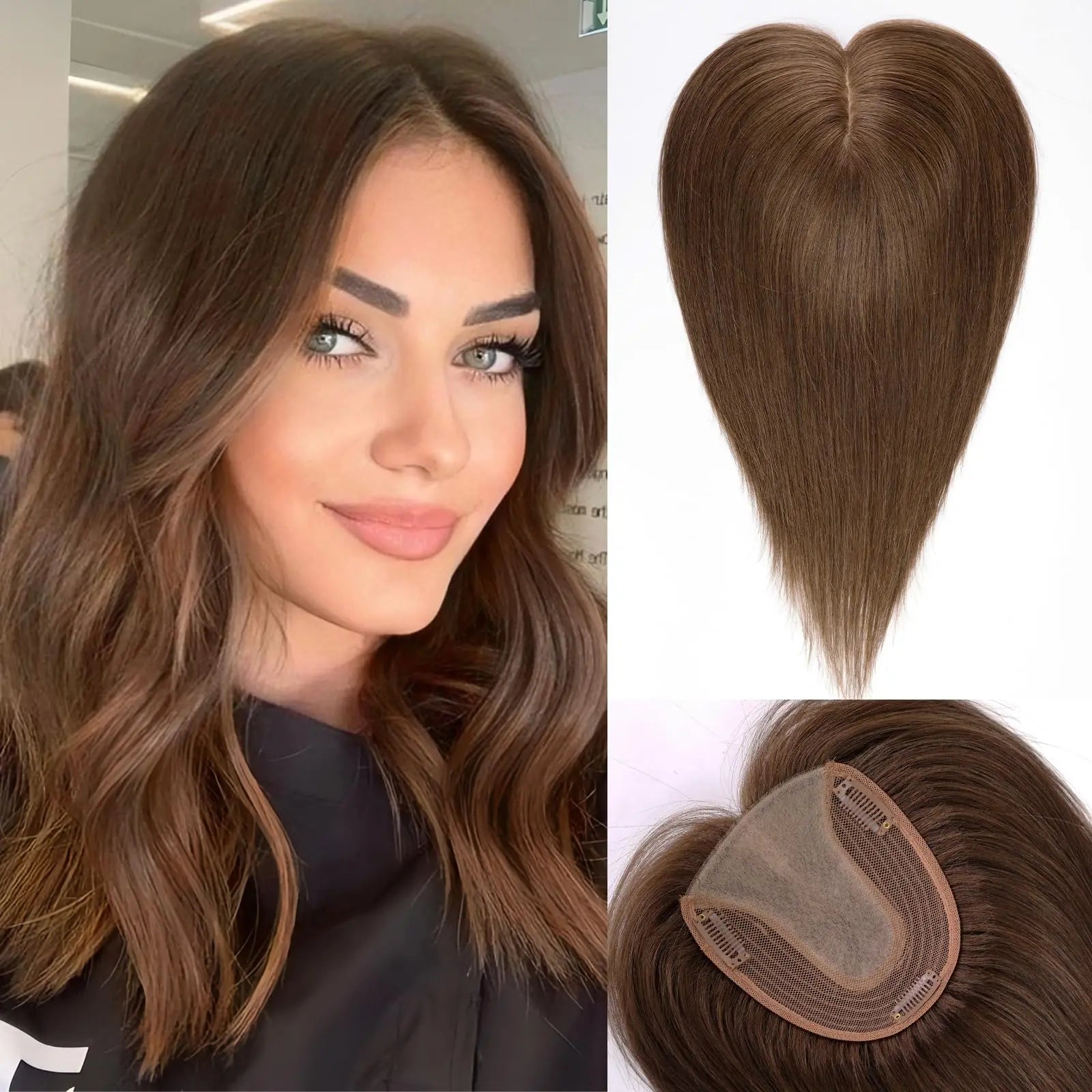 Topper de cabello natural de 35,5 cm con base de seda – Rubio oscuro de raíz