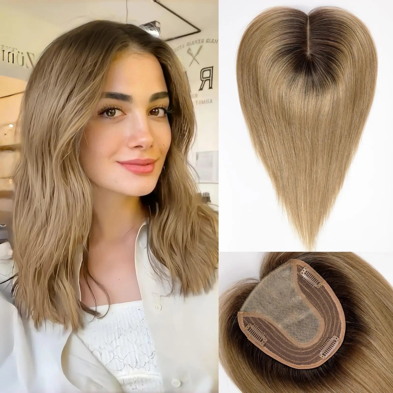 Topper de cabello natural de 35,5 cm con base de seda – Rubio oscuro de raíz
