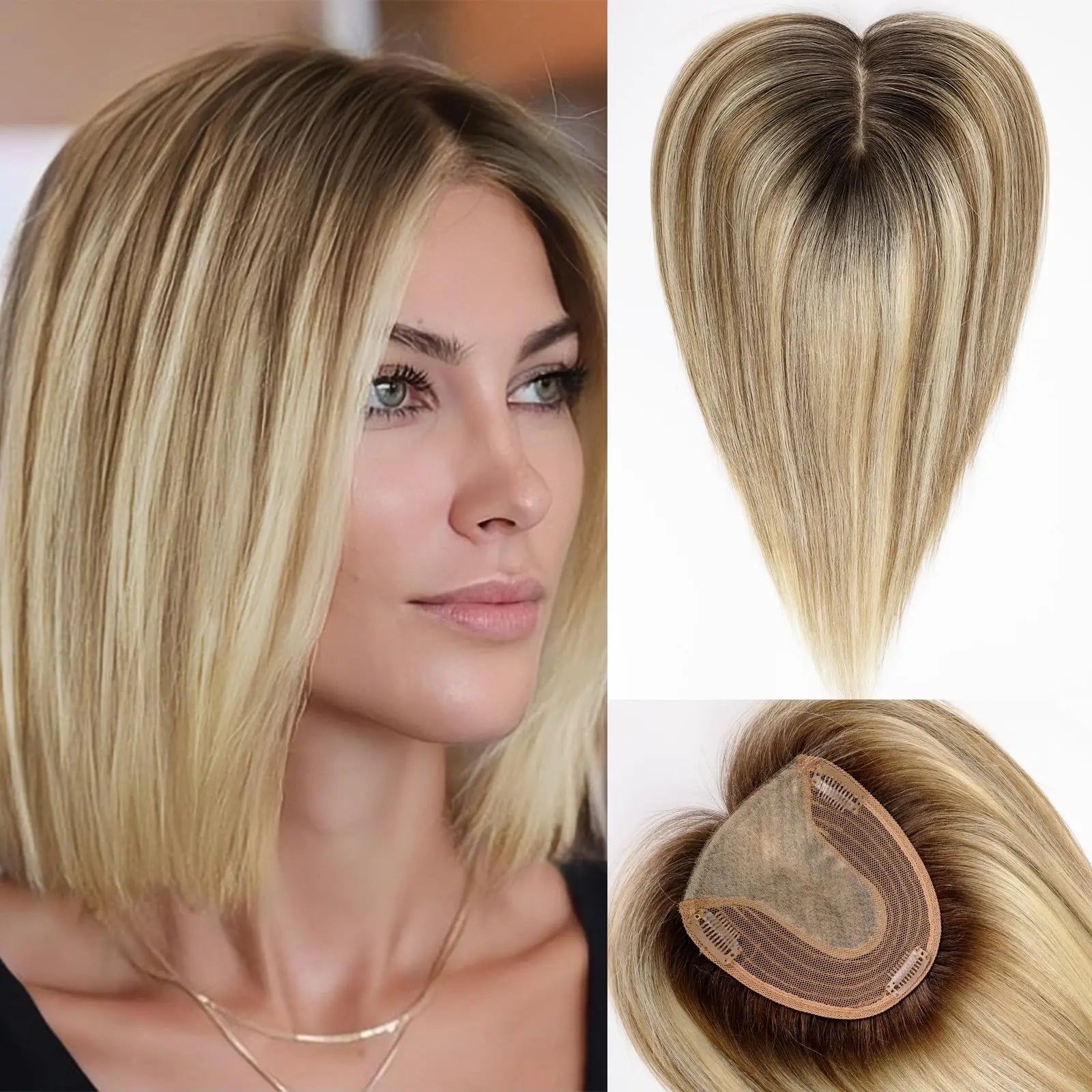 Topper de cabello natural de 35,5 cm con base de seda – Rubio oscuro de raíz