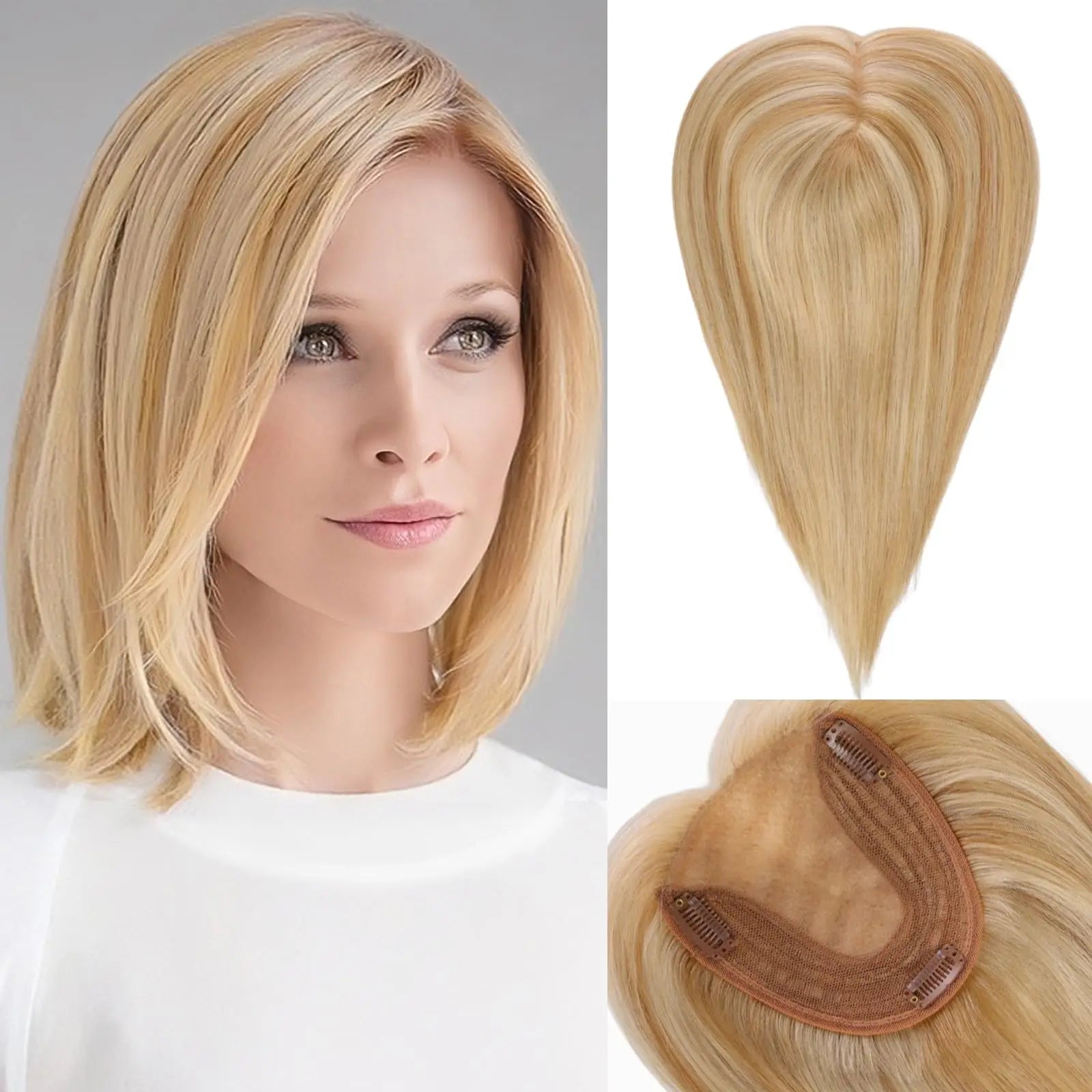 Topper de cabello natural de 35,5 cm con base de seda – Rubio oscuro de raíz