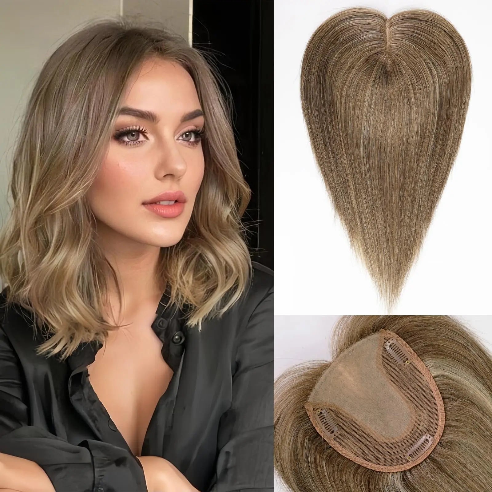 Topper de cabello natural de 35,5 cm con base de seda – Rubio oscuro de raíz