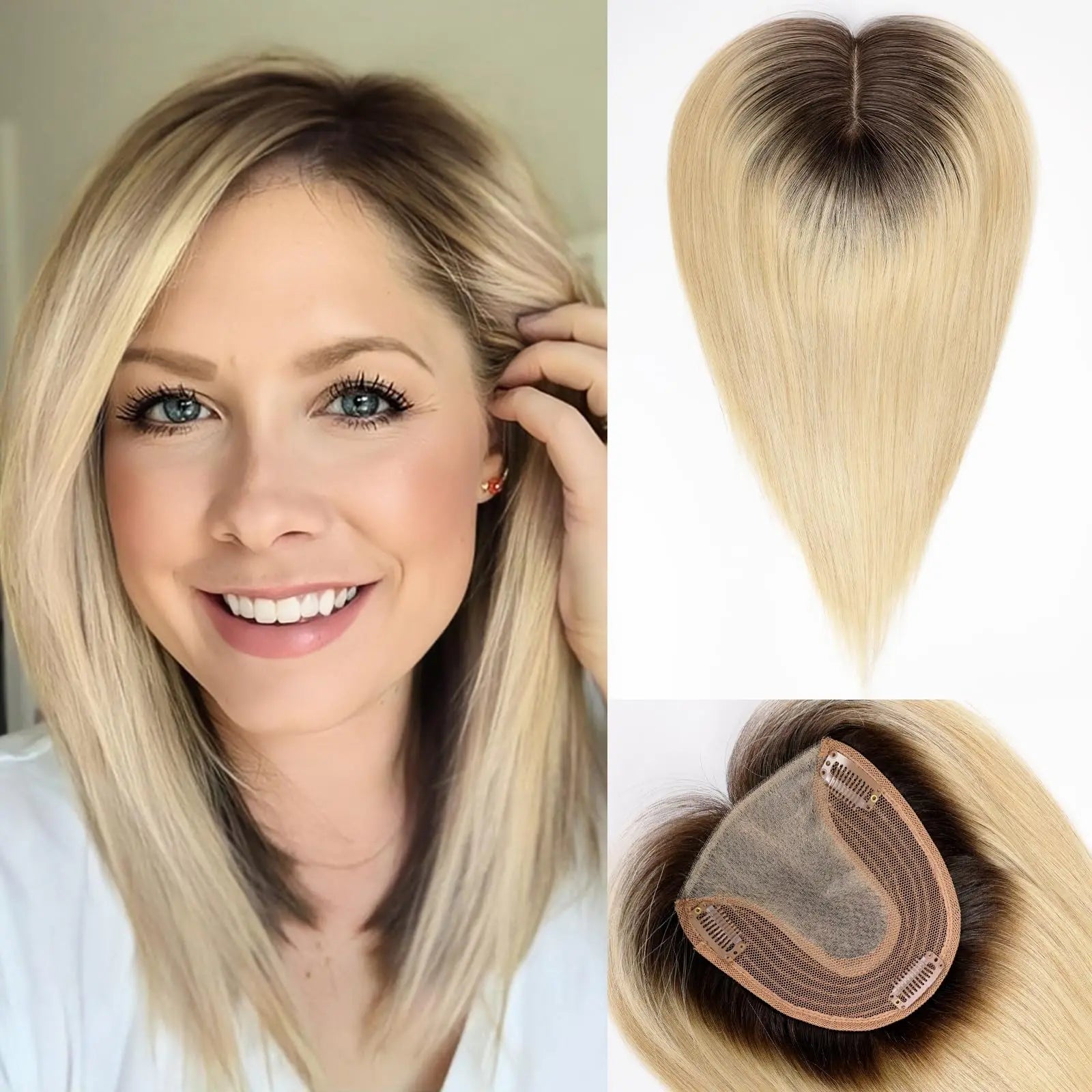 Topper de cabello natural de 35,5 cm con base de seda – Rubio oscuro de raíz