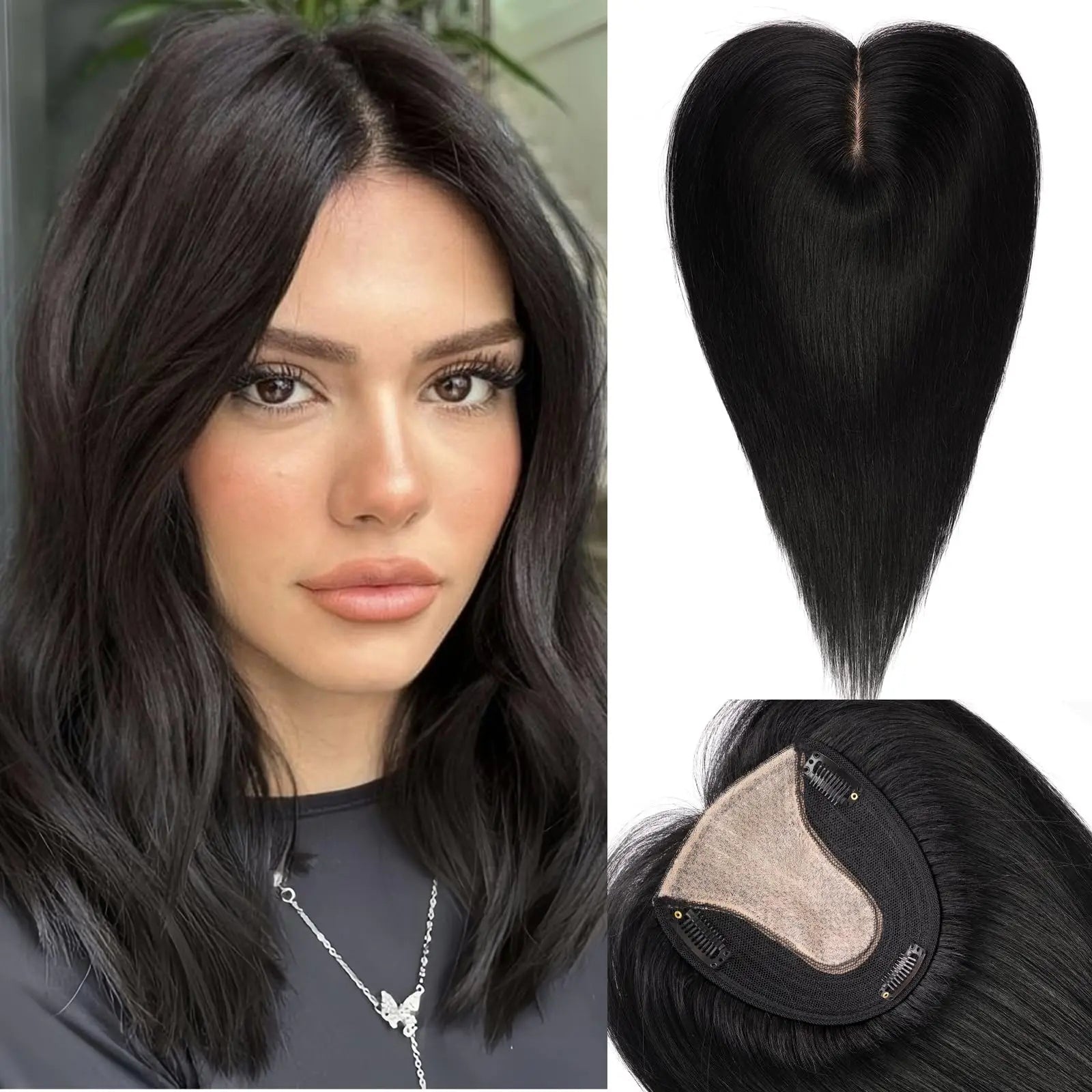 Topper de cabello natural de 35,5 cm con base de seda – Rubio oscuro de raíz