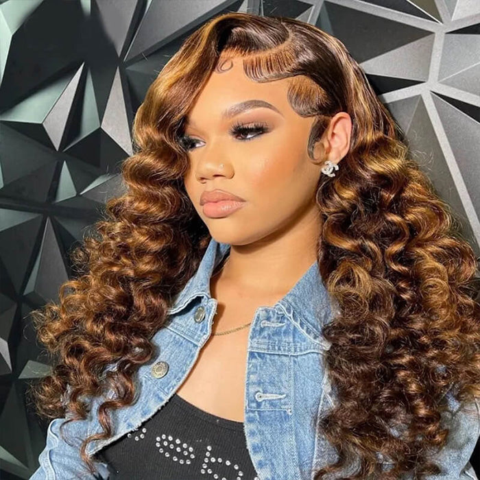 P4/27 Honey Blonde Highlight Loose Wave Glueless 13x4 HD Lace Front Human Hair Wig - Pre-Plucked - 16 / 13x4 Lace / 150% - Lyvelle