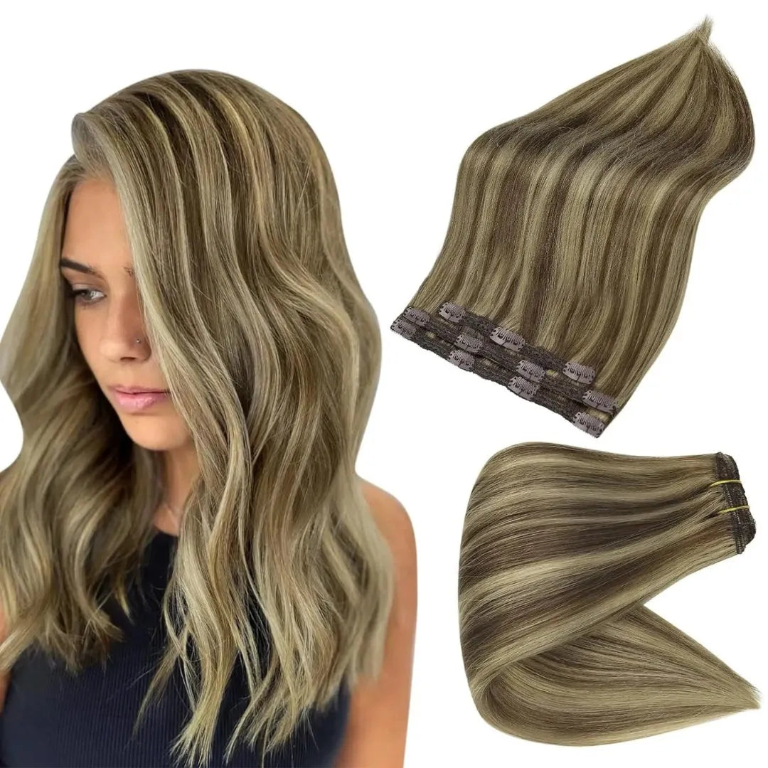 Full Shine Ombre Human Hair Clip-In Extensions – 3-Piece Set - 12" / Straight / 4p27 - Lyvelle