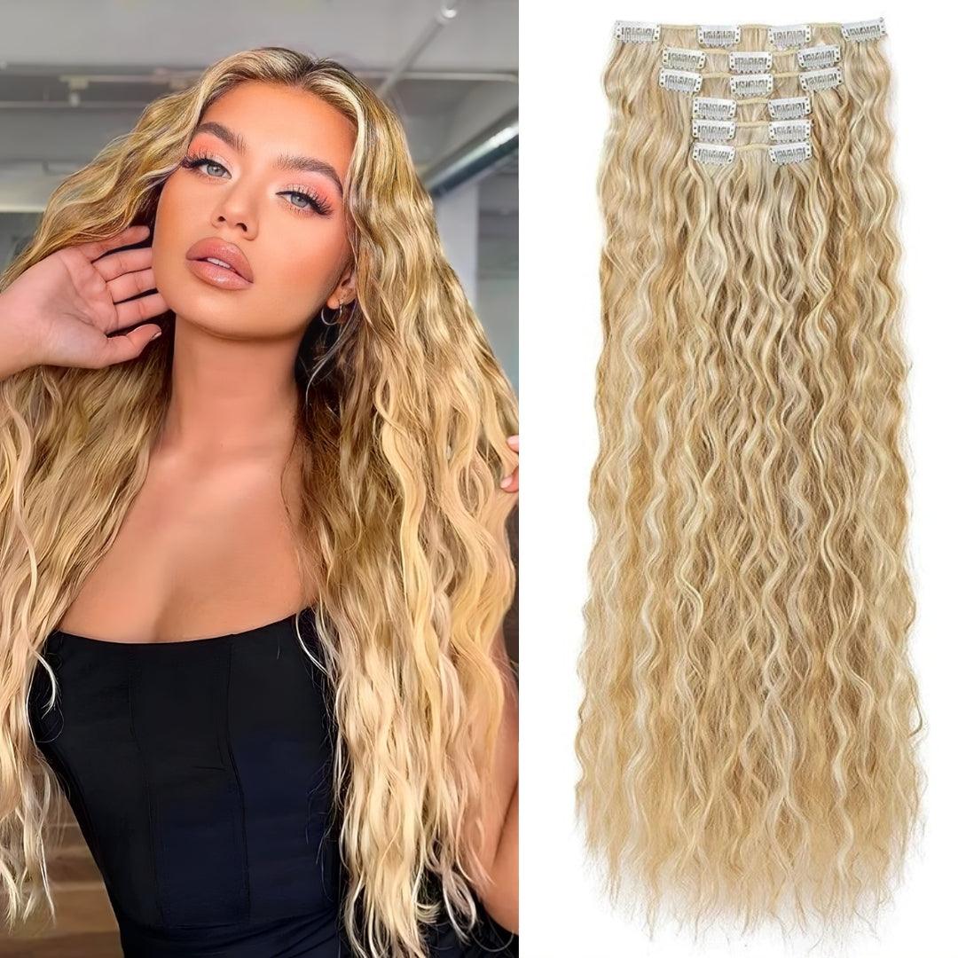 22-Inch Mermaid Deep Wave Clip-In Hair Extensions – 6-Piece Set - 22" / Deep Wave / 6P68-27BH613 - Lyvelle