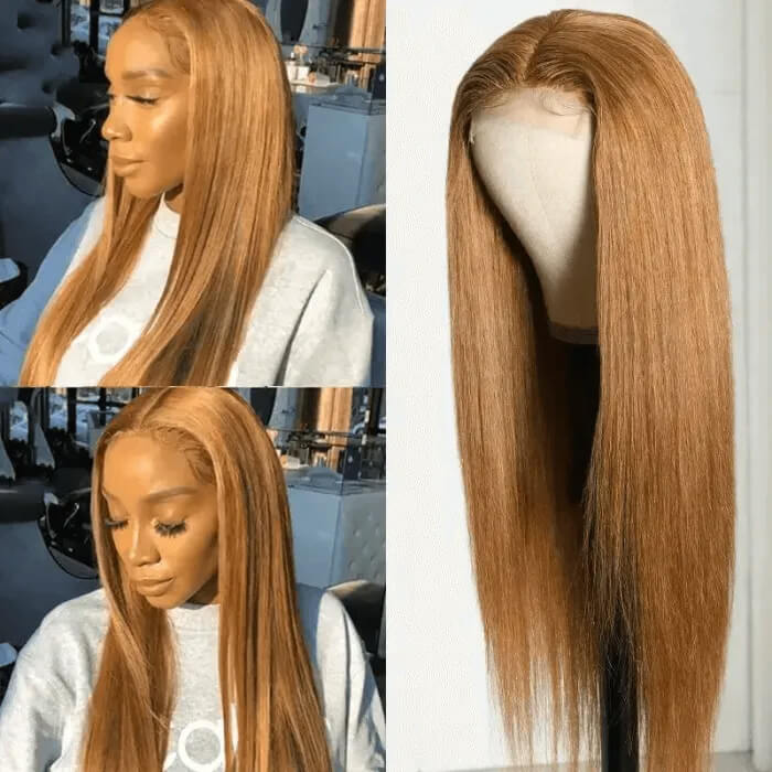 30-Inch Honey Blonde Straight Lace Front Wig - #27 Colored Transparent HD Lace Human Hair - 16 / 4x4 Lace / 150% - Lyvelle