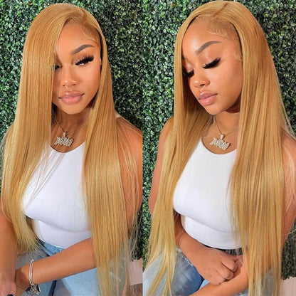 30-Inch Honey Blonde Straight Lace Front Wig - #27 Colored Transparent HD Lace Human Hair - 16 / 4x4 Lace / 150% - Lyvelle