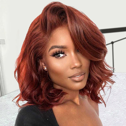 Dark Auburn Body Wave Short Bob Wig with 13x4/5x5 HD Lace Frontal - 150% Density Red-Brown Color #33 - 10 / 4x4 Lace / 150% - Lyvelle