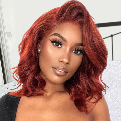 Dark Auburn Body Wave Short Bob Wig with 13x4/5x5 HD Lace Frontal - 150% Density Red-Brown Color #33 - 10 / 4x4 Lace / 150% - Lyvelle