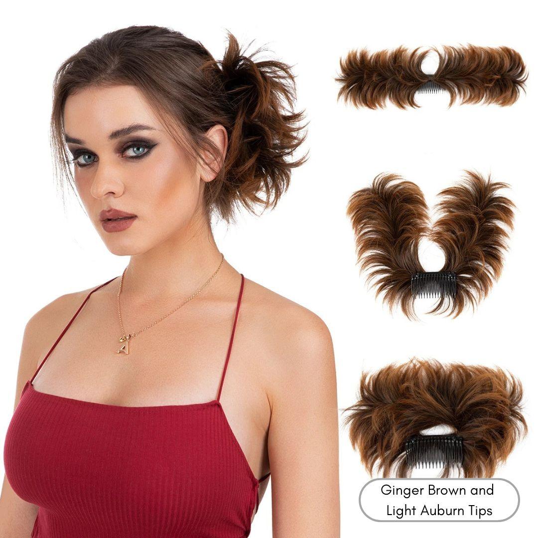 EasyClip Curly Hair Bun – Synthetic Clip-In Updo - Ginger Brown and Light Auburn Tips - Lyvelle