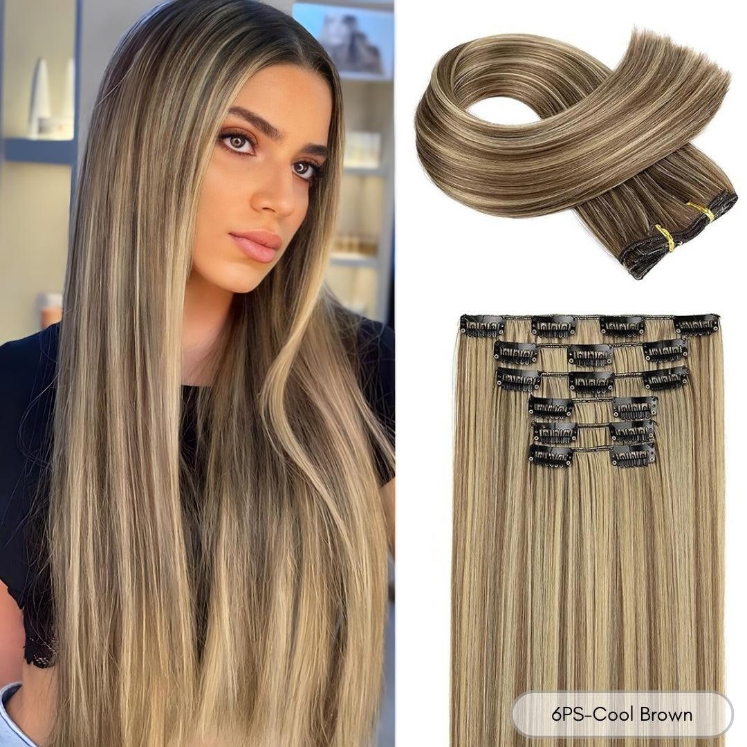 24-Inch Straight Synthetic Clip-In Hair Extensions – Full Head Set - 24" / Straight / 6PS-Cool Brown - Lyvelle