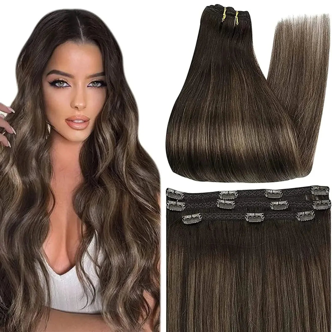 Full Shine Ombre Human Hair Clip-In Extensions – 3-Piece Set - 12" / Straight / 2 8 2(2 6 2) - Lyvelle