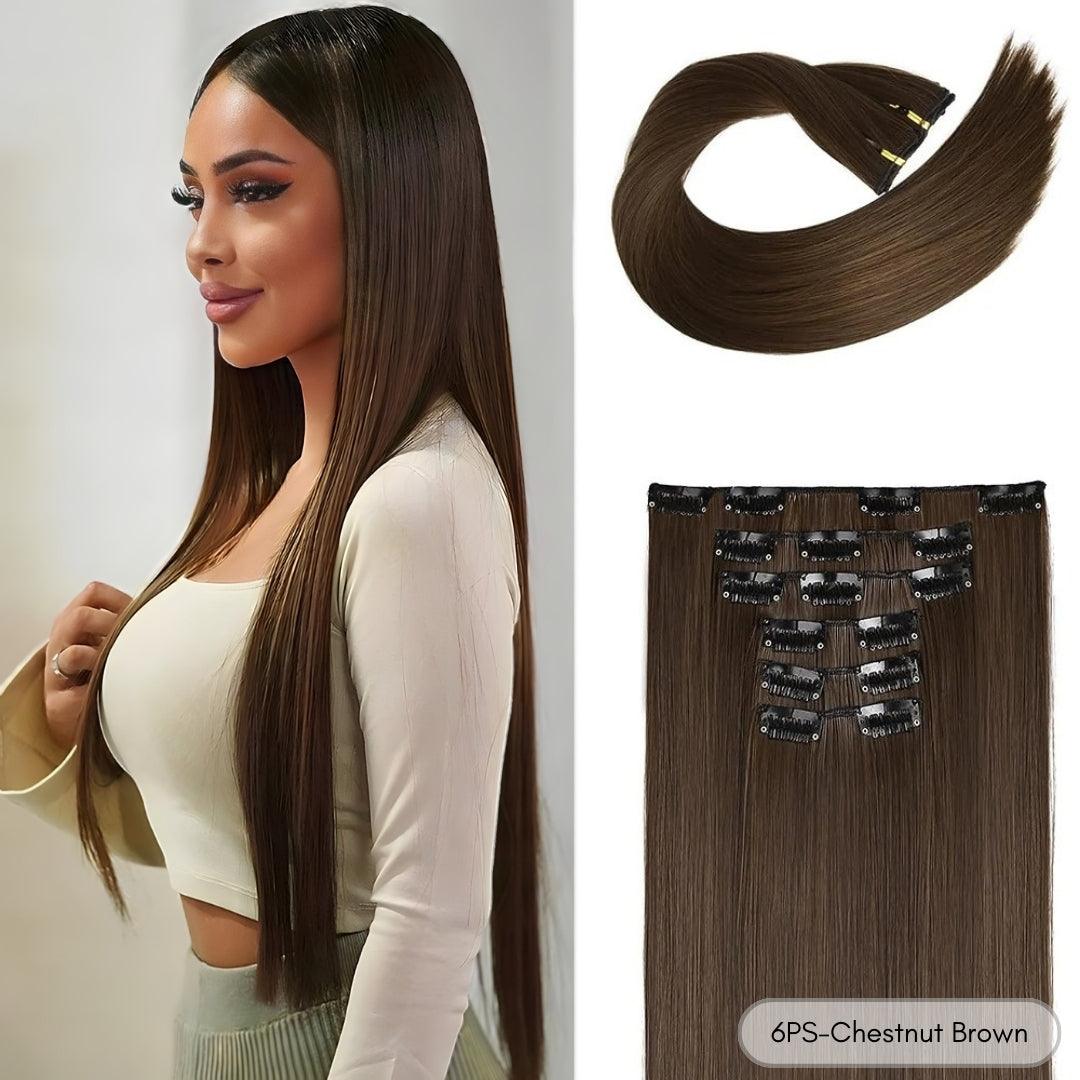 24-Inch Straight Synthetic Clip-In Hair Extensions – Full Head Set - 24" / Straight / 6PS-Chestnut Brown - Lyvelle