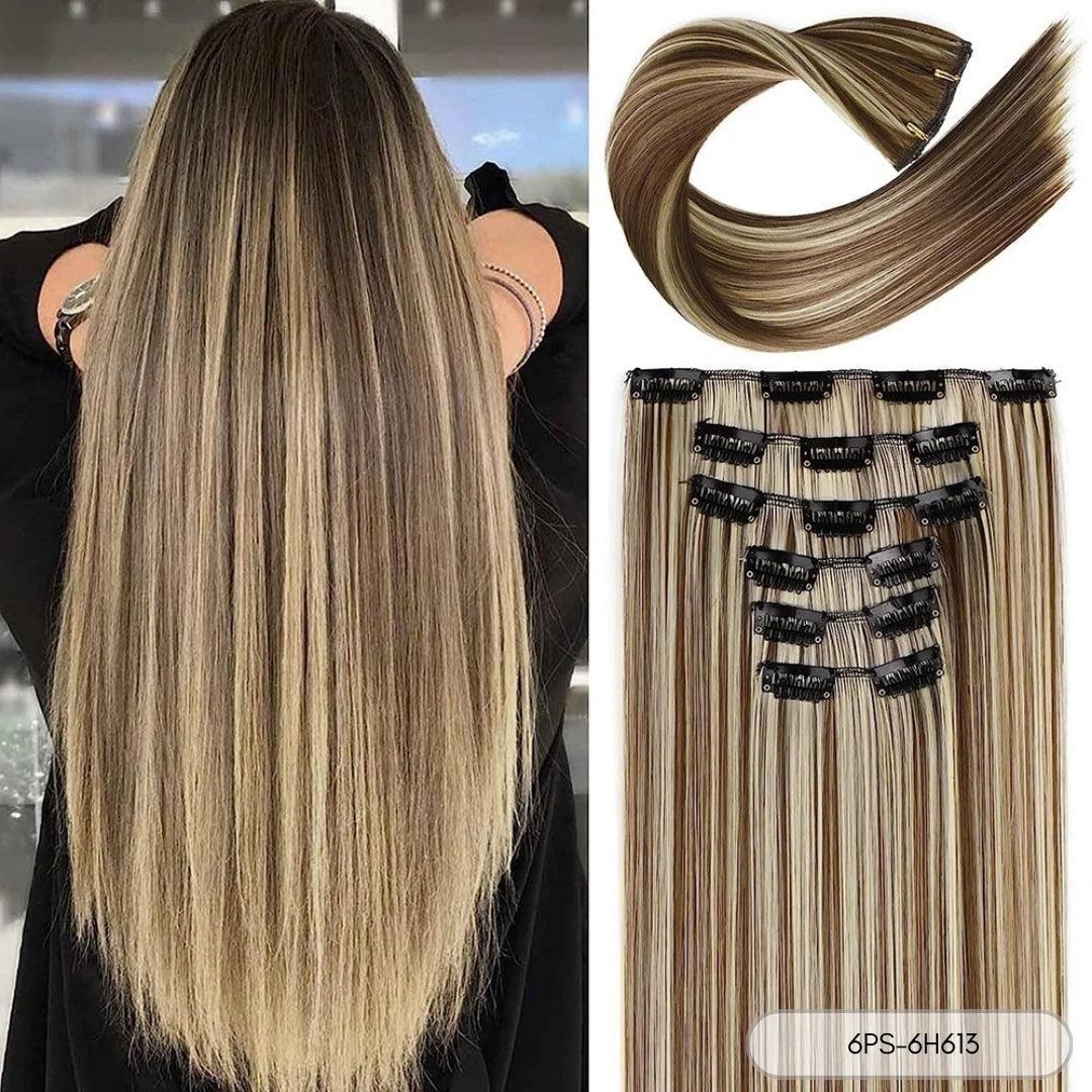 24-Inch Straight Synthetic Clip-In Hair Extensions – Full Head Set - 24" / Straight / 6PS-6H613 - Lyvelle