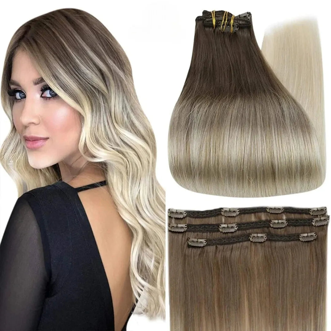 Full Shine Ombre Human Hair Clip-In Extensions – 3-Piece Set - 12" / Straight / 8 60 - Lyvelle