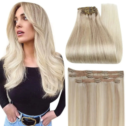 Full Shine Ombre Human Hair Clip-In Extensions – 3-Piece Set - 12" / Straight / 18 22 60 - Lyvelle