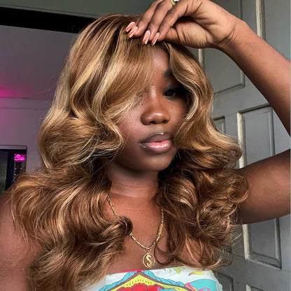 Blonde Highlight 13x4 HD Lace Frontal Wig with Curtain Bangs and Body Wave Human Hair - 14 / 13x4 Lace / 150% - Lyvelle