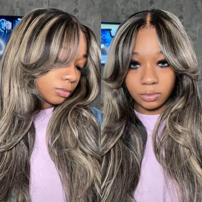 Blonde Highlight Lace Front Wig with Curtain Bangs - Pre-Plucked HD Human Hair - 16 / 5x5 Lace / Body Wave 180% - Lyvelle