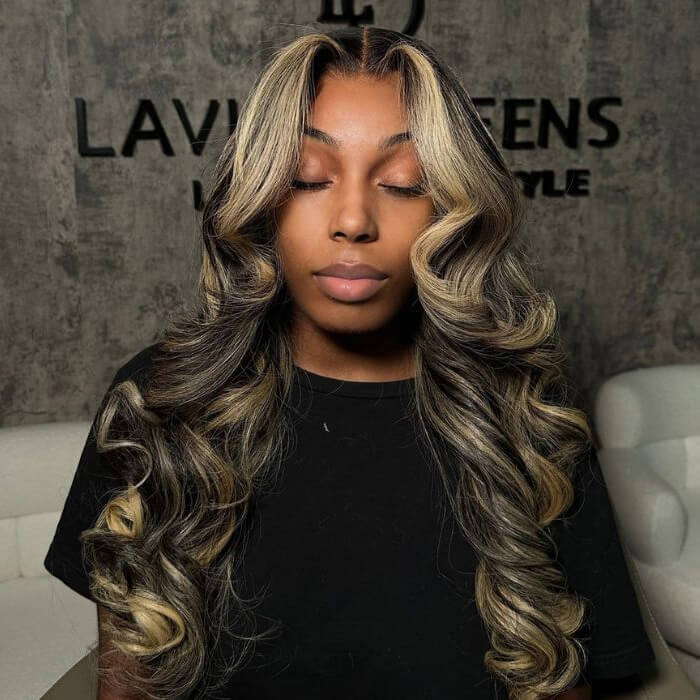 Blonde Highlight Lace Front Wig with Curtain Bangs - Pre-Plucked HD Human Hair - 16 / 5x5 Lace / Body Wave 180% - Lyvelle