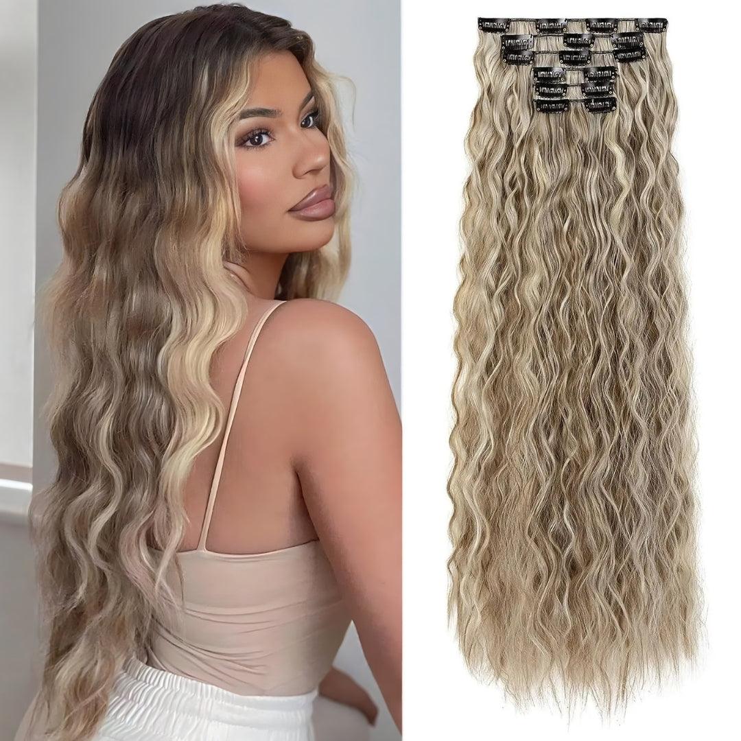 22-Inch Mermaid Deep Wave Clip-In Hair Extensions – 6-Piece Set - 22" / Deep Wave / 6P68-6B2H613 - Lyvelle