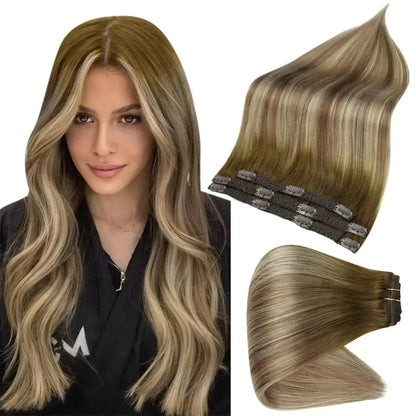 Full Shine Ombre Human Hair Clip-In Extensions – 3-Piece Set - 12" / Straight / 3 8 22 - Lyvelle