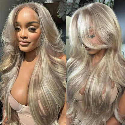 Blonde Highlighted Curtain Bangs Body Wave Wig - 13x6 HD Lace Frontal Layered Human Hair - 16 / 180% / 5x5 Lace - Lyvelle