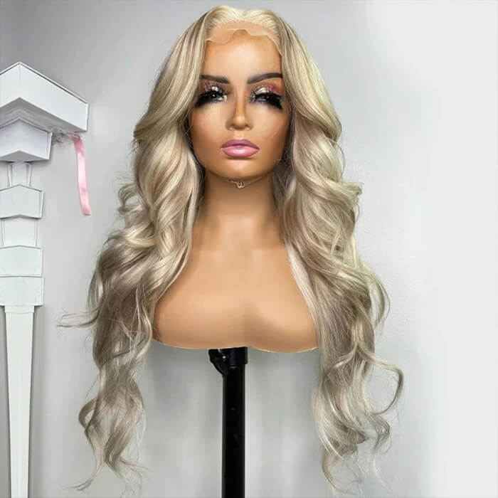 Blonde Highlighted Curtain Bangs Body Wave Wig - 13x6 HD Lace Frontal Layered Human Hair - 16 / 180% / 5x5 Lace - Lyvelle