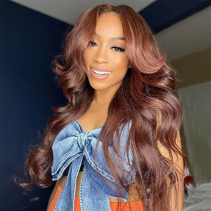 13x4 HD Lace Front Human Hair Wig - #33 Reddish Brown Curtain Bangs - 16 / 5x5 Lace / Straight/150% - Lyvelle