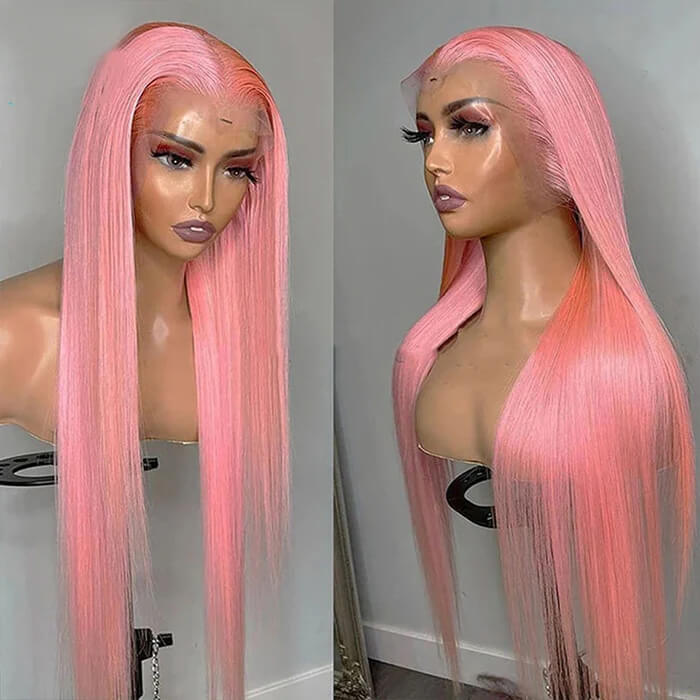 13x4 HD Lace Frontal Straight Pink Human Hair Wig for Women - Pre-Plucked with Bleached Knots - 12 / 13x4 Lace / 150% - Lyvelle