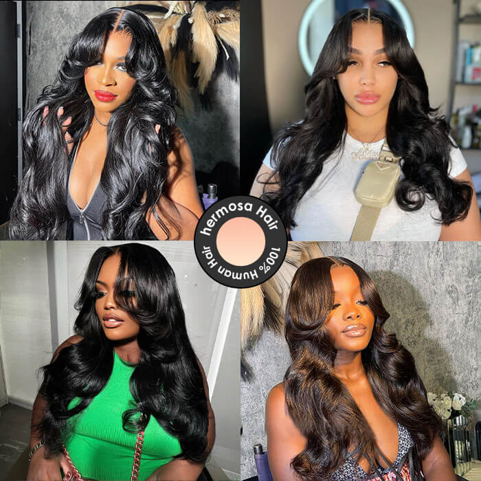 HD Lace Human Hair Wigs with Curtain Bangs and Body Wave - 13x4/13x6 Glueless Design with Pre-Bleached Knots - 16 / 5x5 Pre Cut Lace / 150% - Lyvelle