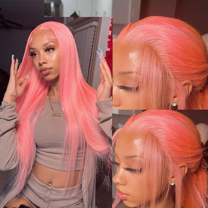 13x4 HD Lace Frontal Straight Pink Human Hair Wig for Women - Pre-Plucked with Bleached Knots - 12 / 13x4 Lace / 150% - Lyvelle