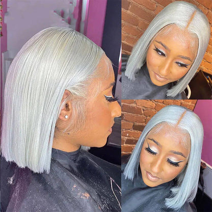 Grey 13x4 Lace Front Human Hair Wig - Straight Silver Bob for Black Women, Pre-Plucked with 150% Density - 10 - Lyvelle