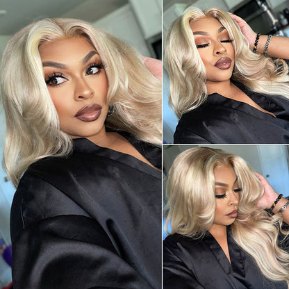 Blonde Highlighted Curtain Bangs Body Wave Wig - 13x6 HD Lace Frontal Layered Human Hair - 16 / 180% / 5x5 Lace - Lyvelle