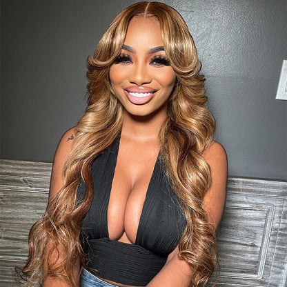 Blonde Highlight 13x4 HD Lace Frontal Wig with Curtain Bangs and Body Wave Human Hair - 14 / 13x4 Lace / 150% - Lyvelle