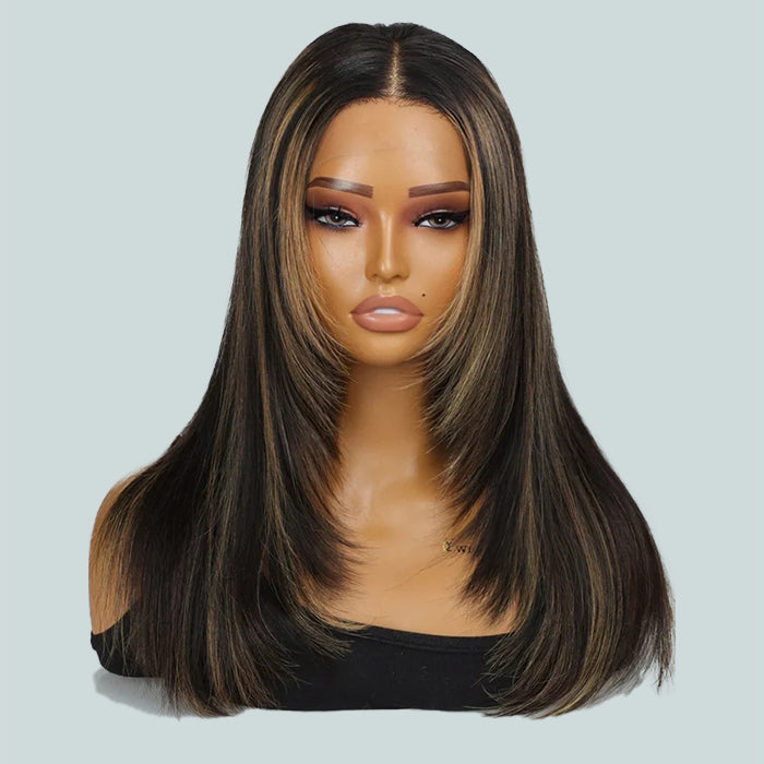 Straight Human Hair Wig with Layered Cut and #1B/27 Blonde Highlights - Pre-Plucked 13x4 HD Lace Frontal - 14 / Mid Part / 5x5 Lace 180% - Lyvelle