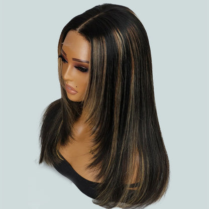 Straight Human Hair Wig with Layered Cut and #1B/27 Blonde Highlights - Pre-Plucked 13x4 HD Lace Frontal - 14 / Mid Part / 5x5 Lace 180% - Lyvelle