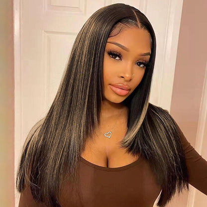 Straight Human Hair Wig with Layered Cut and #1B/27 Blonde Highlights - Pre-Plucked 13x4 HD Lace Frontal - 14 / Mid Part / 5x5 Lace 180% - Lyvelle