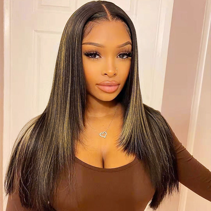 Straight Human Hair Wig with Layered Cut and #1B/27 Blonde Highlights - Pre-Plucked 13x4 HD Lace Frontal - 14 / Mid Part / 5x5 Lace 180% - Lyvelle