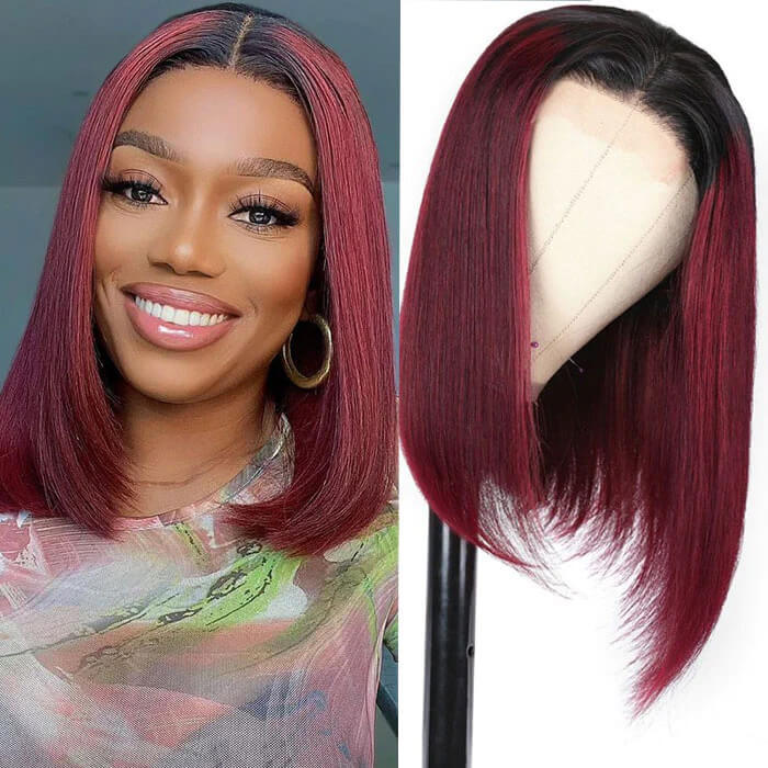 Short Straight Bob Wig in 1B/99J Burgundy Ombre - Human Hair with Pre-Plucked Hairline - 10 / 4x4 Lace / 150% - Lyvelle