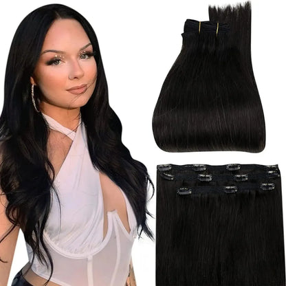 Full Shine Ombre Human Hair Clip-In Extensions – 3-Piece Set - 12" / Straight / 1B - Lyvelle