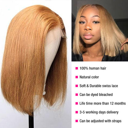 Honey Blonde Short Straight Bob Lace Wig - 13x4/4x4, 100% Virgin Human Hair - 10 / 13x4 Lace / 150% - Lyvelle