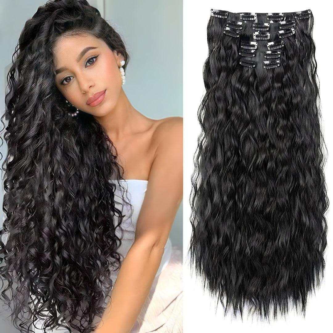 22-Inch Mermaid Deep Wave Clip-In Hair Extensions – 6-Piece Set - 22" / Deep Wave / 6P68-1B - Lyvelle