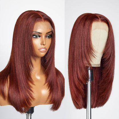 Layered Straight Wig #33 in Reddish Brown - 13x4/5x5 HD Lace Frontal Human Hair - 14 / Mid Part / 5x5 Lace 180% - Lyvelle