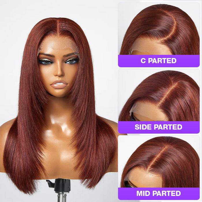 Layered Straight Wig #33 in Reddish Brown - 13x4/5x5 HD Lace Frontal Human Hair - 14 / Mid Part / 5x5 Lace 180% - Lyvelle