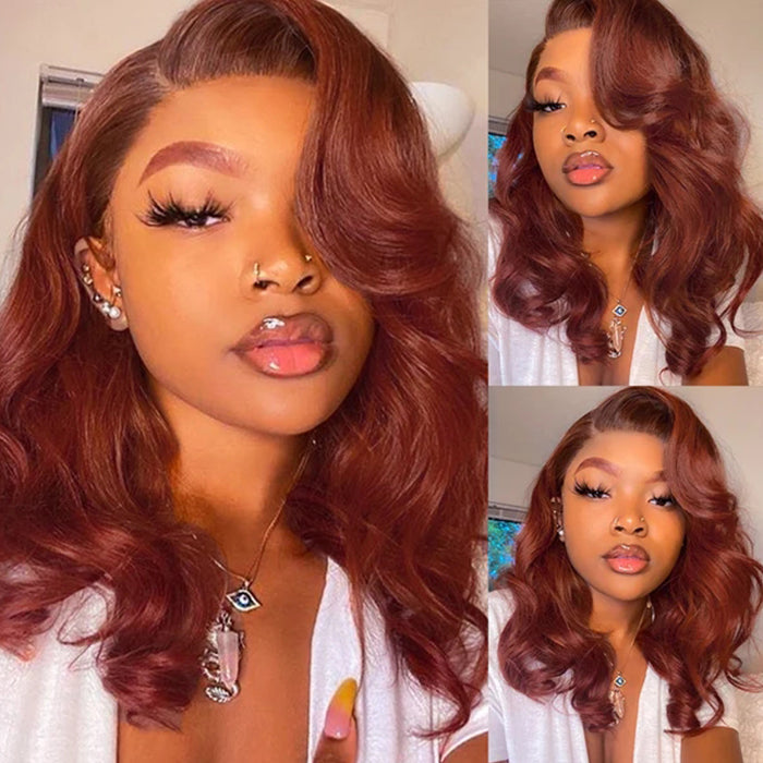 Short Bob Wig in Dark Auburn - 13x4/4x4 Lace Frontal, 150% Density Red Brown Style - 12 / 13x4 Lace / Deep Wave - Lyvelle