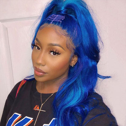 HD Lace Front Blue Body Wave Wig - Long Soft Human Hair Wig for Women, Perfect for Cosplay - 12 / 5x5 Lace / 150% - Lyvelle