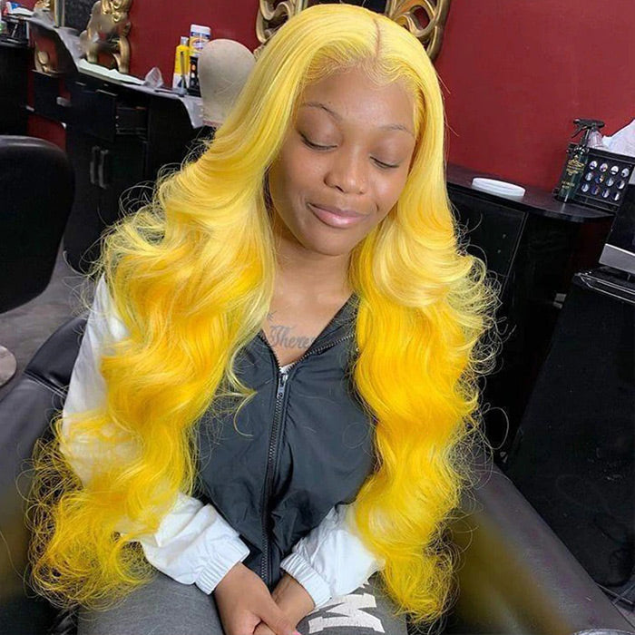 Yellow Human Hair HD Lace Front Wig - Invisible Glueless Cosplay Wig for Women - 12 / 150% / Straight - Lyvelle