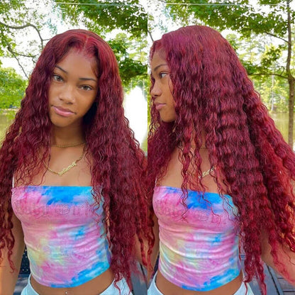 13x4 HD Lace Front Deep Wave Wig in Burgundy 99J - Pre-Plucked Human Hair - 14 / 13x4 Lace / 150% - Lyvelle